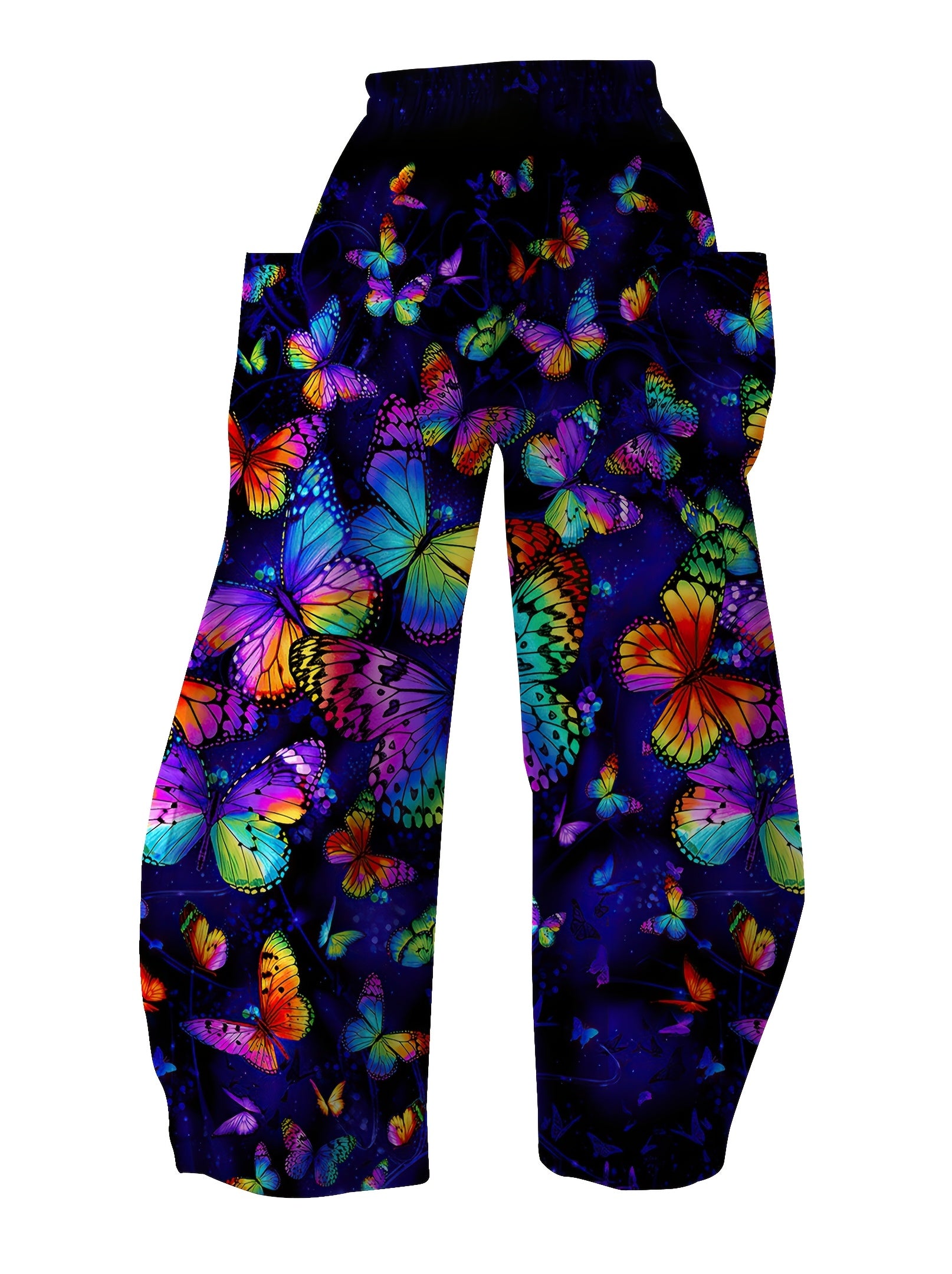 Women'S Butterfly Print 3D Wide Leg Palazzos, Casual Elastic Waist Loose Fit Pants with Pockets, All-Season Polyester 100% Long Length, Non-Stretch Woven Fabric, 120g/m² - Weekend Casual Wear